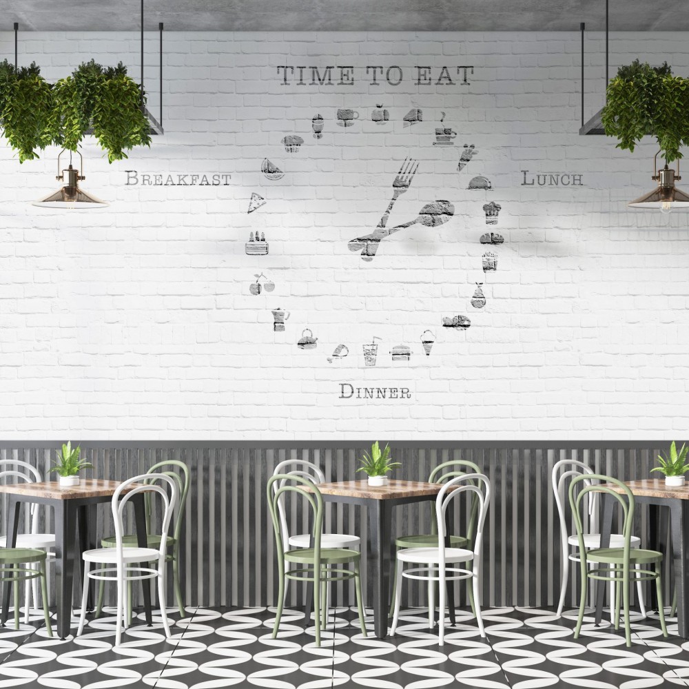 Beyaz Tuğla Desenli ve Mutfak İkonlu Dev Saat Duvar Kağıdı