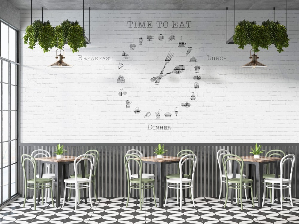 Beyaz Tuğla Desenli ve Mutfak İkonlu Dev Saat Duvar Kağıdı