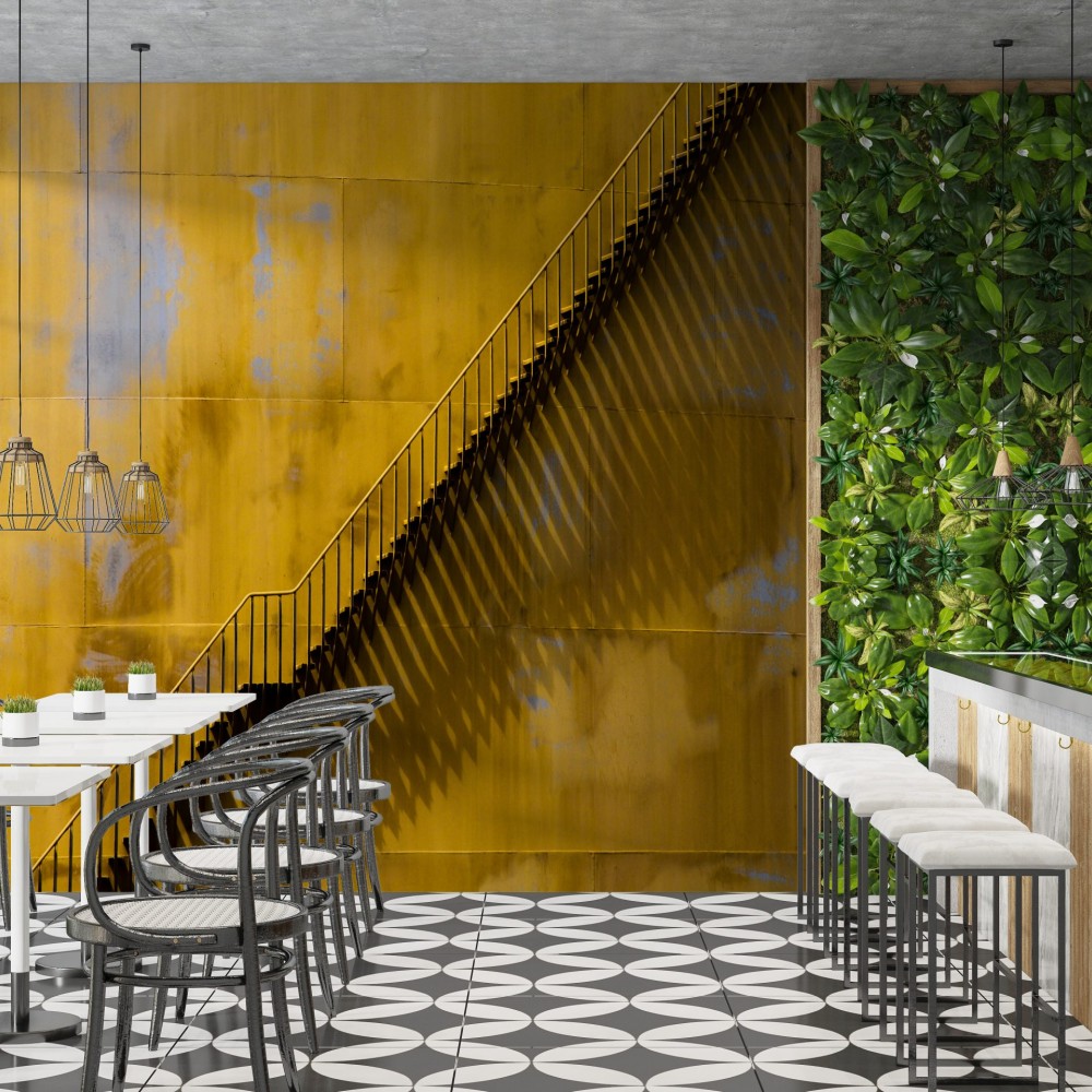 Oksitlenmiş Sarı Metal Görünümlü ve Minimalist Merdiven Desenli Duvar Kağıdı