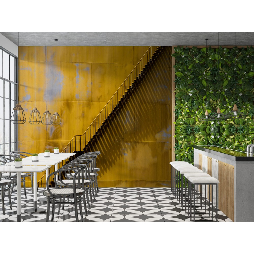 Oksitlenmiş Sarı Metal Görünümlü ve Minimalist Merdiven Desenli Duvar Kağıdı