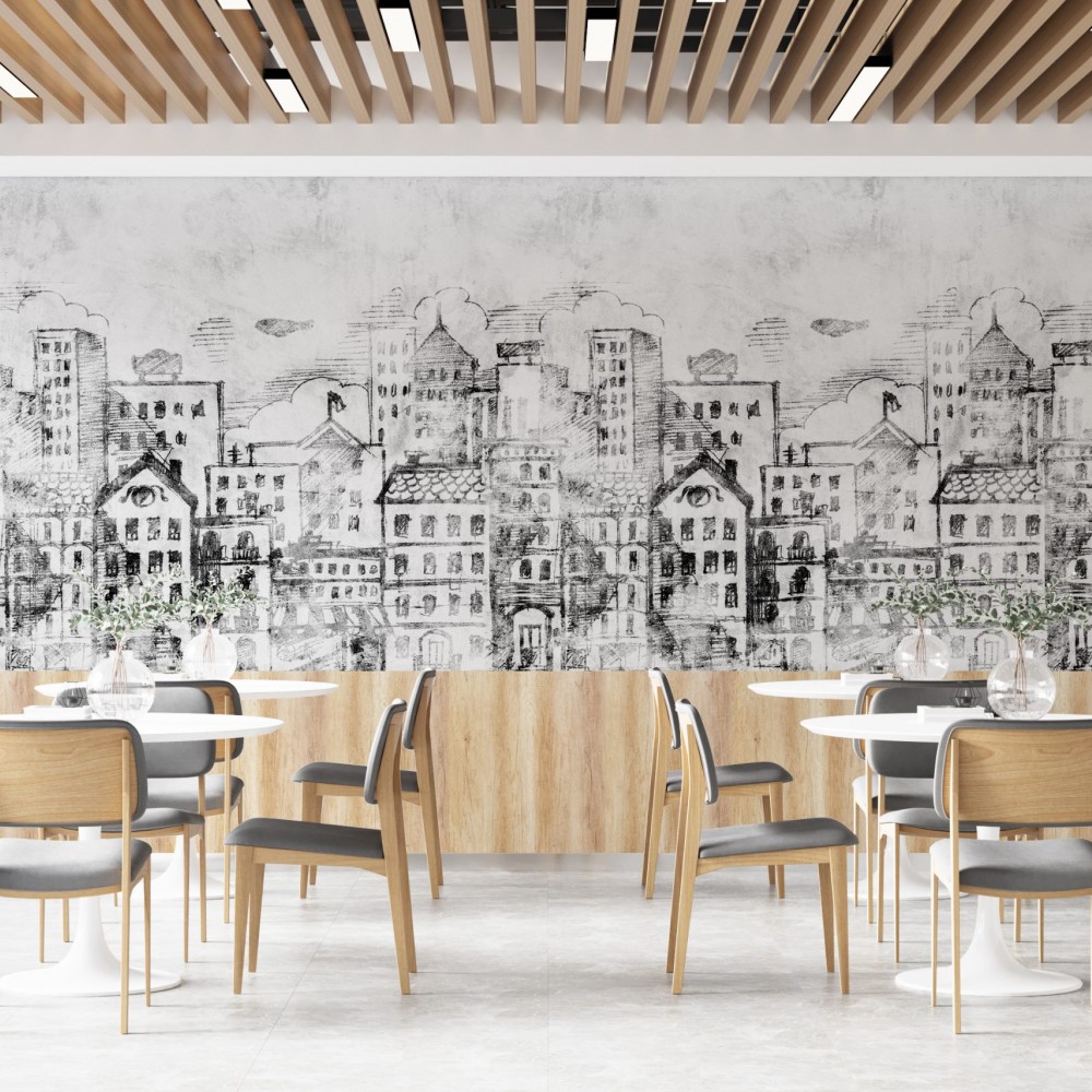 Sanatsal İllüstrasyonlu Avrupa Şehir Mimarisi ve Panoramik Manzaralı Duvar Kağıdı