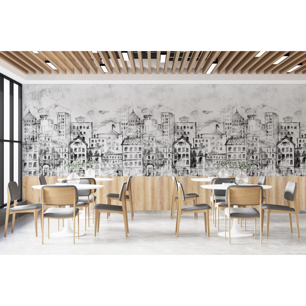 Sanatsal İllüstrasyonlu Avrupa Şehir Mimarisi ve Panoramik Manzaralı Duvar Kağıdı