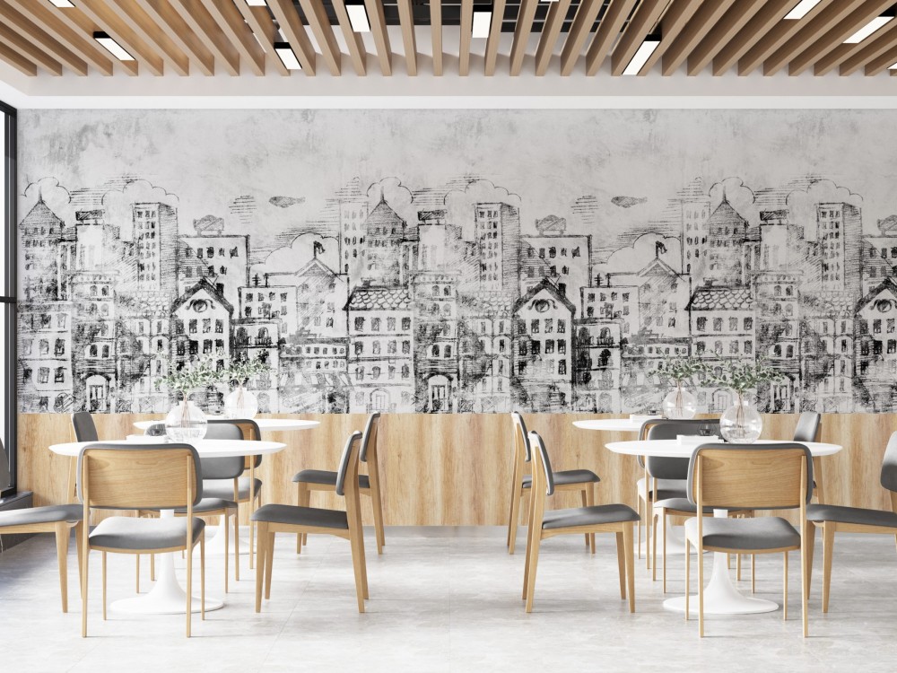 Sanatsal İllüstrasyonlu Avrupa Şehir Mimarisi ve Panoramik Manzaralı Duvar Kağıdı