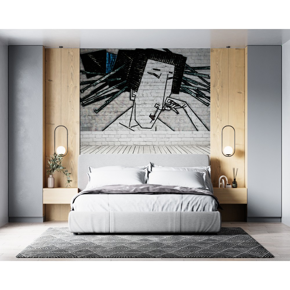 Kübist Sanat: Geometrik Portre İllüstrasyonlu ve Beyaz Tuğla Dokulu Duvar Kağıdı