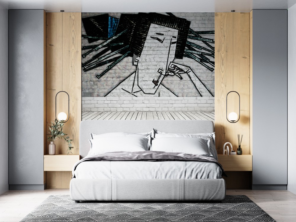 Kübist Sanat: Geometrik Portre İllüstrasyonlu ve Beyaz Tuğla Dokulu Duvar Kağıdı