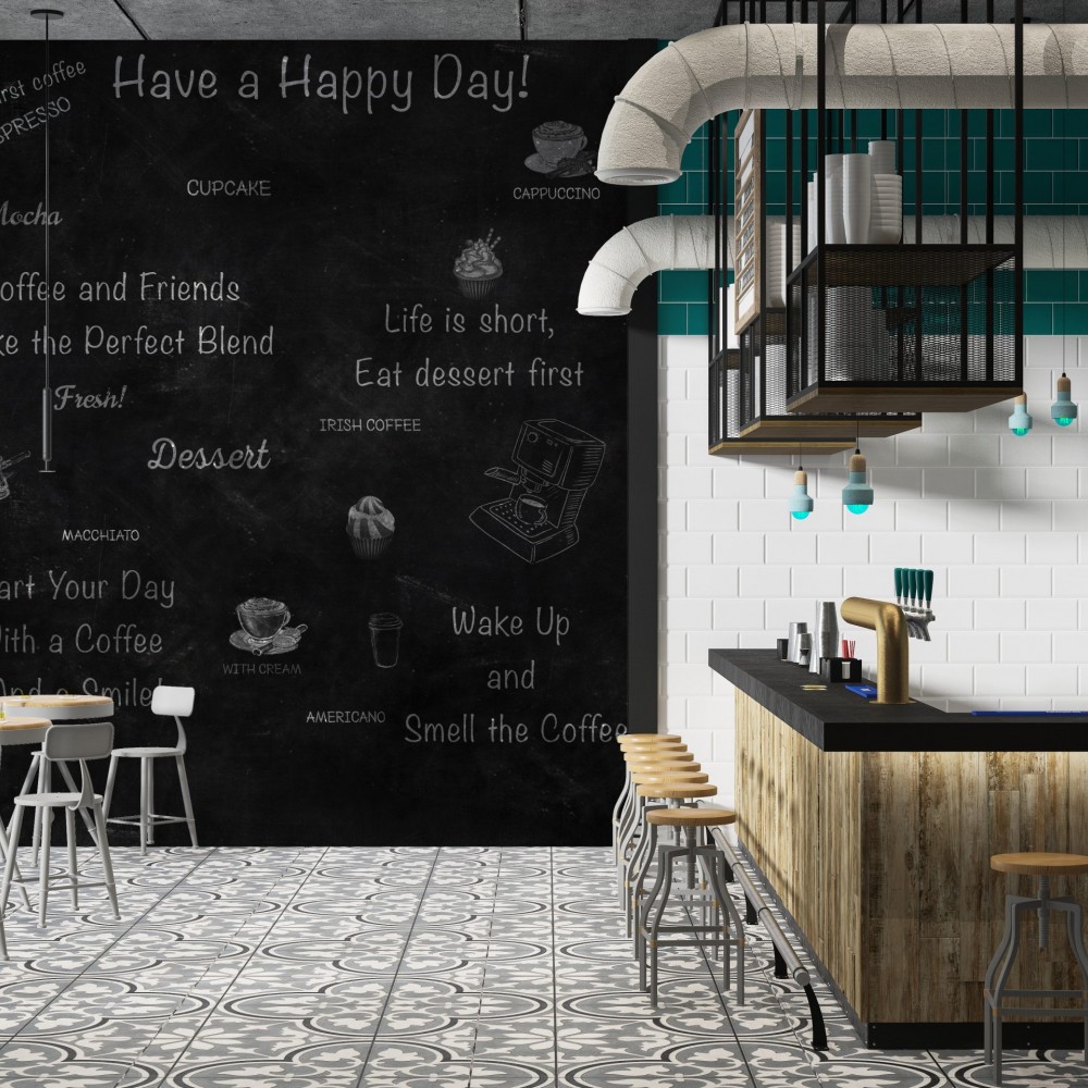 Kara Tahta Efektli Kahve Temalı Tipografik Cafe Duvar Kağıdı