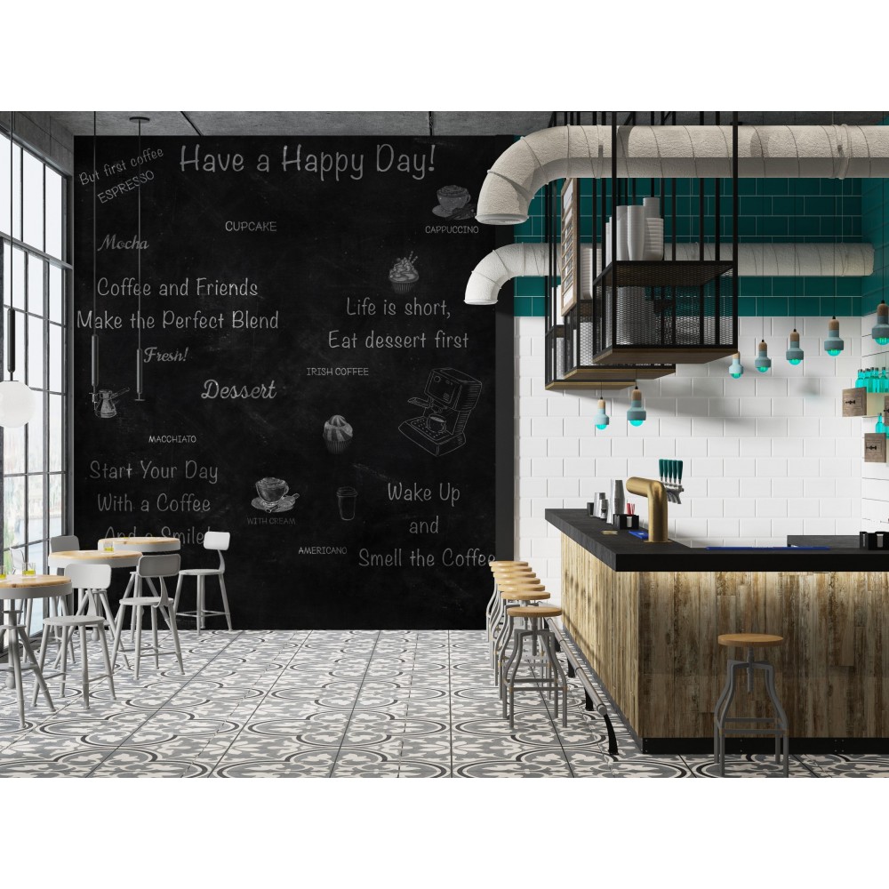 Kara Tahta Efektli Kahve Temalı Tipografik Cafe Duvar Kağıdı