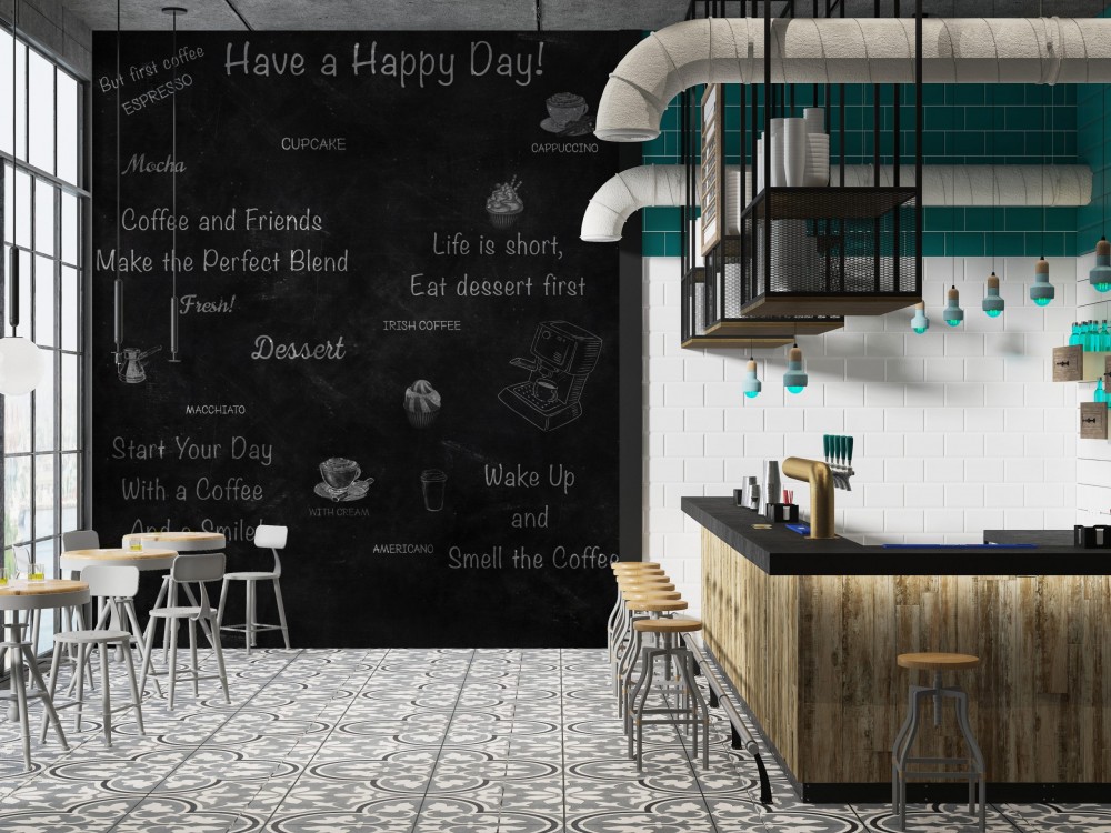 Kara Tahta Efektli Kahve Temalı Tipografik Cafe Duvar Kağıdı