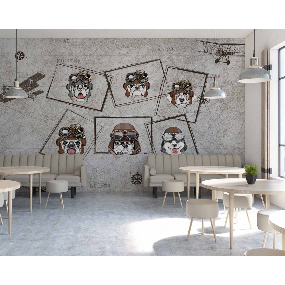 Pilot Gözlüklü Sevimli Köpekler ve Vintage Harita Desenli Duvar Kağıdı