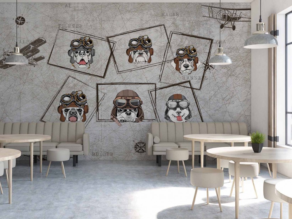Pilot Gözlüklü Sevimli Köpekler ve Vintage Harita Desenli Duvar Kağıdı