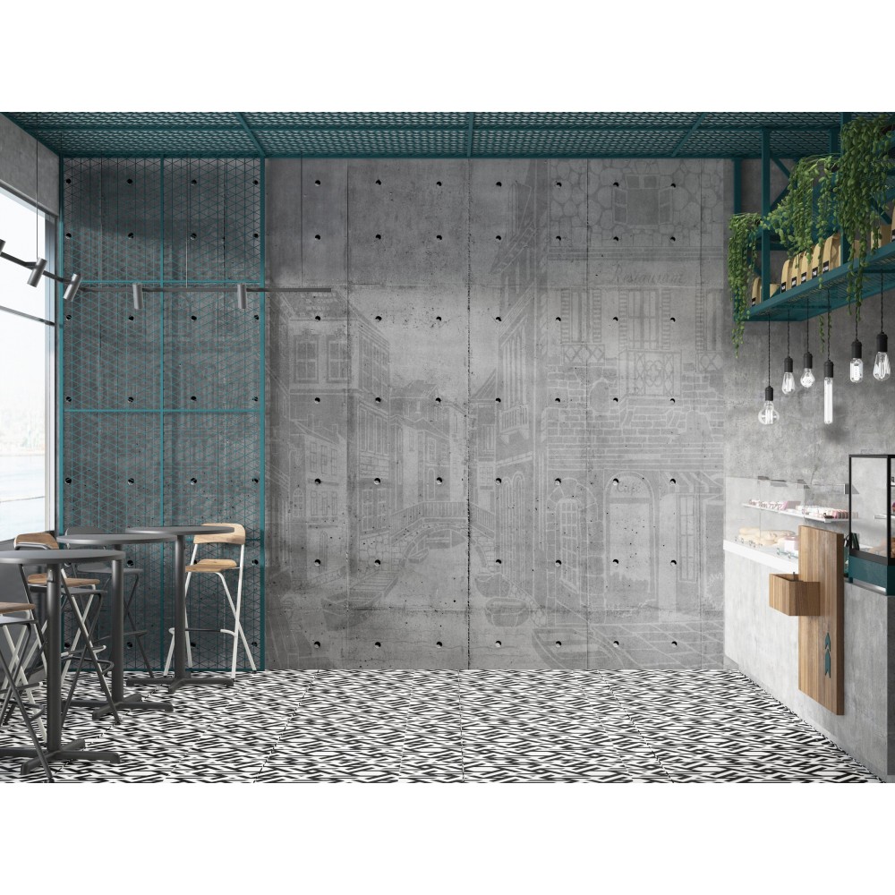 Brüt Beton Zemin Üzerine Çizgisel Venedik Sokakları Tasarımlı Duvar Kağıdı