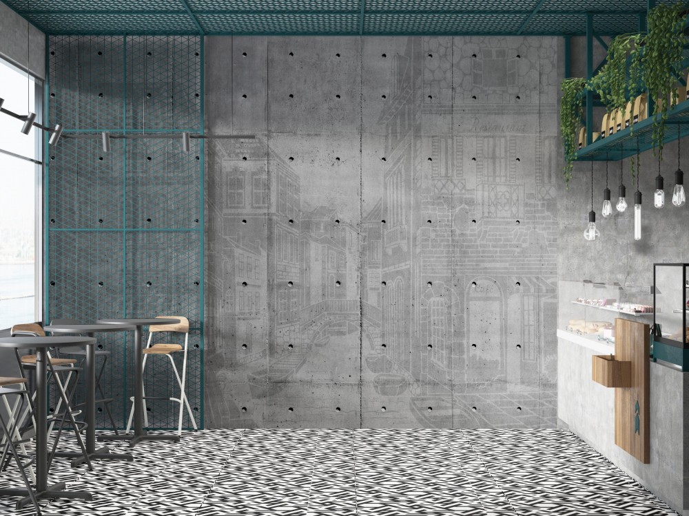 Brüt Beton Zemin Üzerine Çizgisel Venedik Sokakları Tasarımlı Duvar Kağıdı