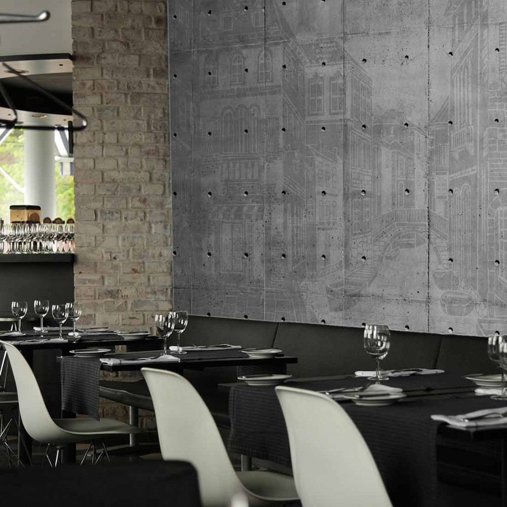 Brüt Beton Zemin Üzerine Çizgisel Venedik Sokakları Tasarımlı Duvar Kağıdı