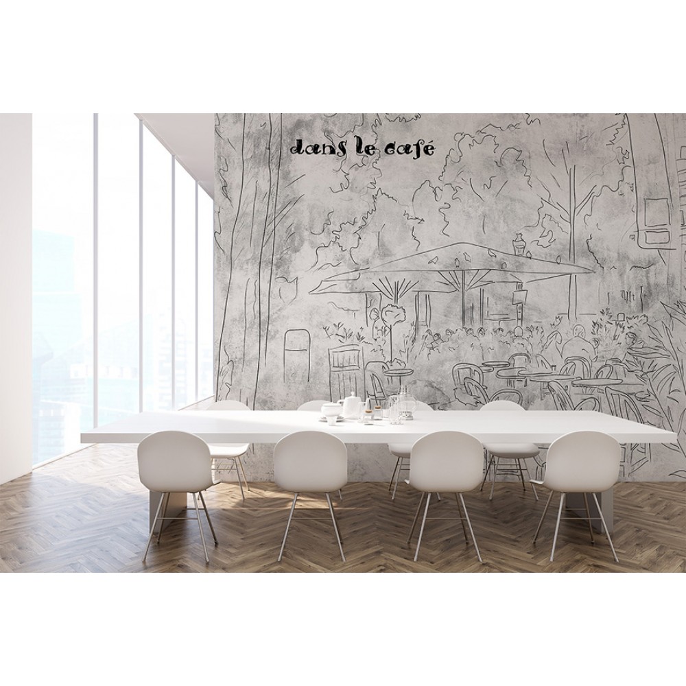 Gri Beton Dokulu Zemin Üzerine "Dans Le Café" Yazılı Eskiz Duvar Kağıdı