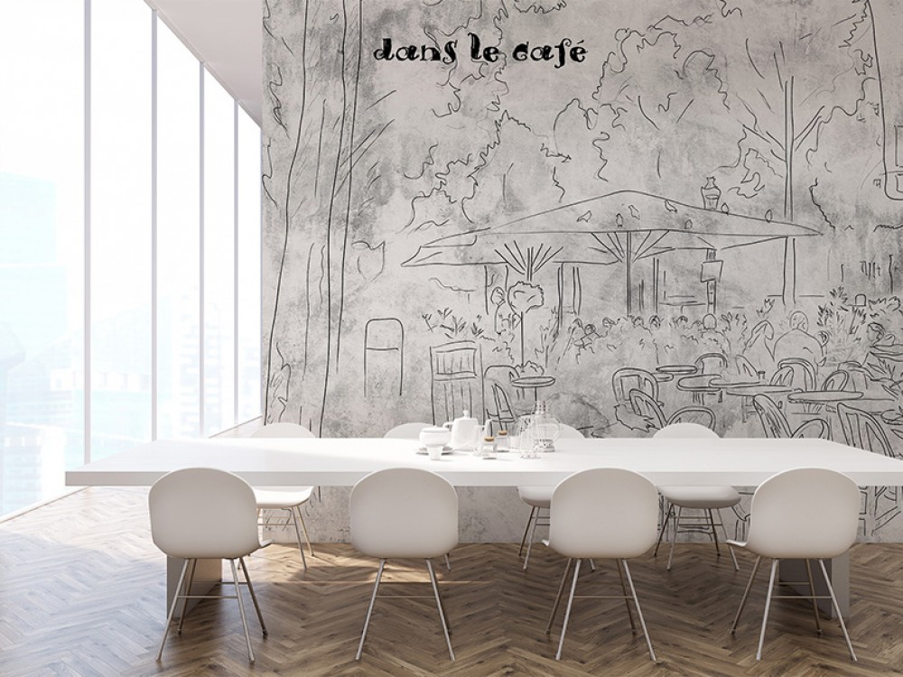 Gri Beton Dokulu Zemin Üzerine "Dans Le Café" Yazılı Eskiz Duvar Kağıdı