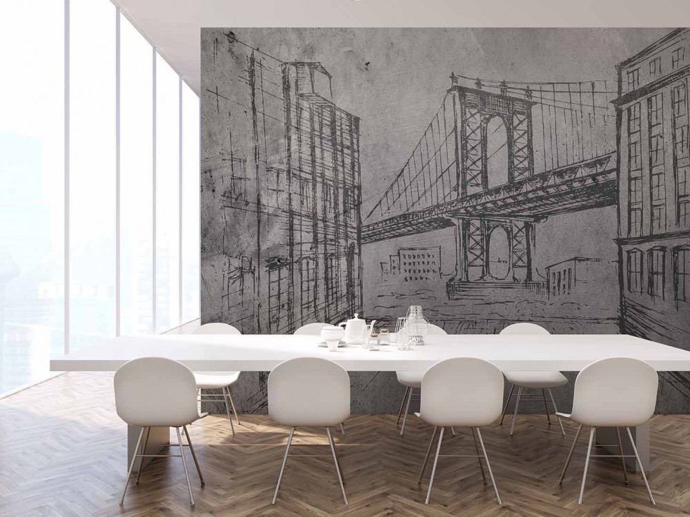 Modern Karakalem Şehir Mimarisi ve Köprü Desenli Duvar Kağıdı