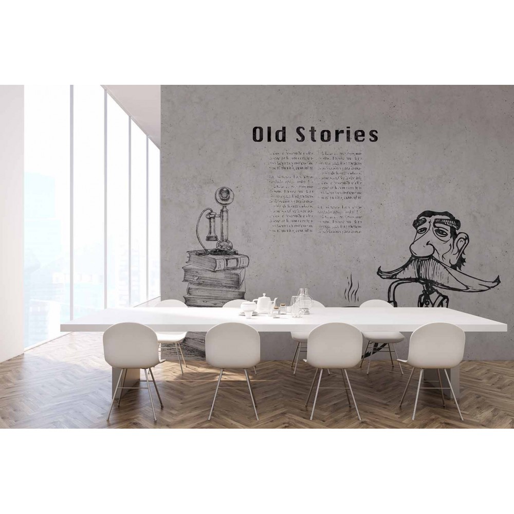 Modern "Old Stories" Tipografik ve Karakalem İllüstrasyonlu Beton Dokulu Duvar Kağıdı