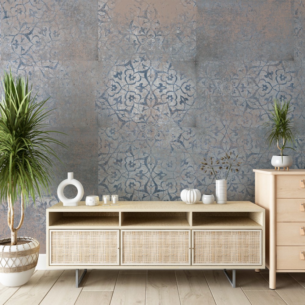 Mavi ve Vizon Eskitme Beton Dokulu Madalyon Desenli Duvar Kağıdı Mavi ve Vizon Eskitme Beton Dokulu Madalyon Desenli Duvar Kağıdı