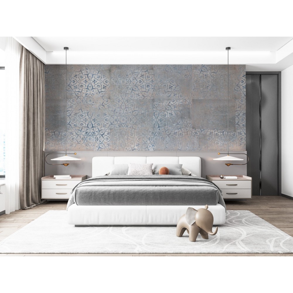  Mavi ve Vizon Eskitme Beton Dokulu Madalyon Desenli Duvar Kağıdı