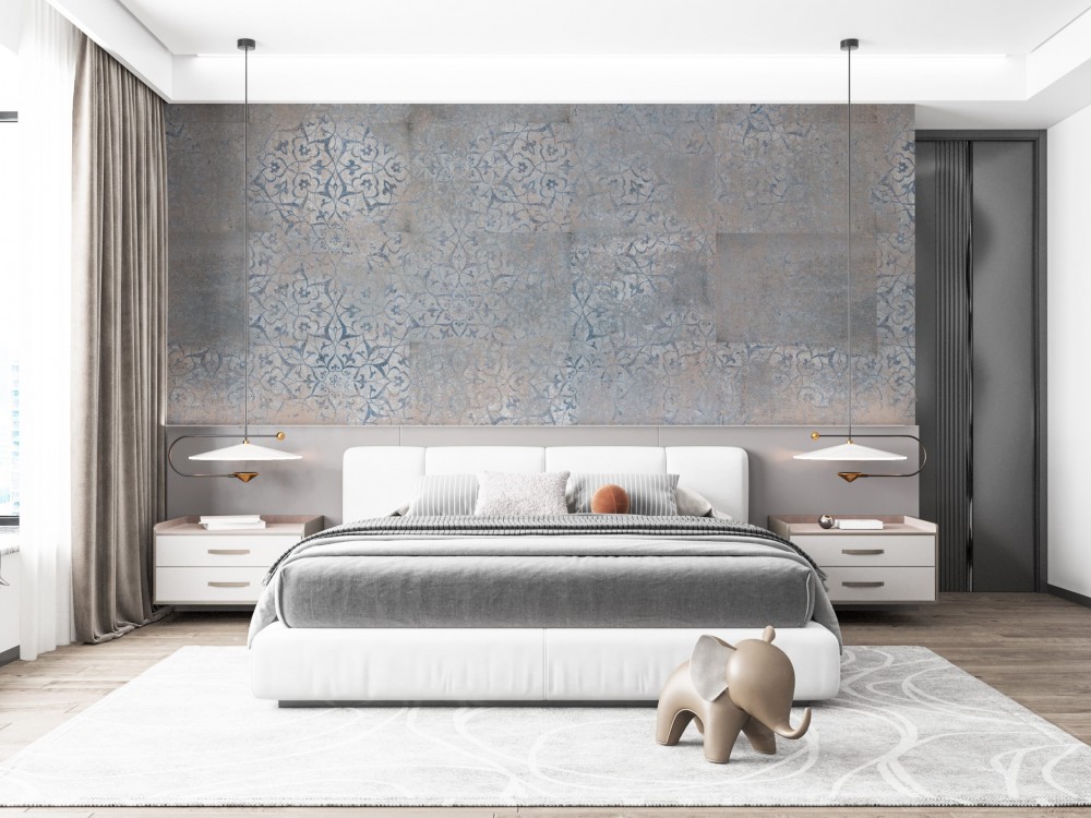  Mavi ve Vizon Eskitme Beton Dokulu Madalyon Desenli Duvar Kağıdı