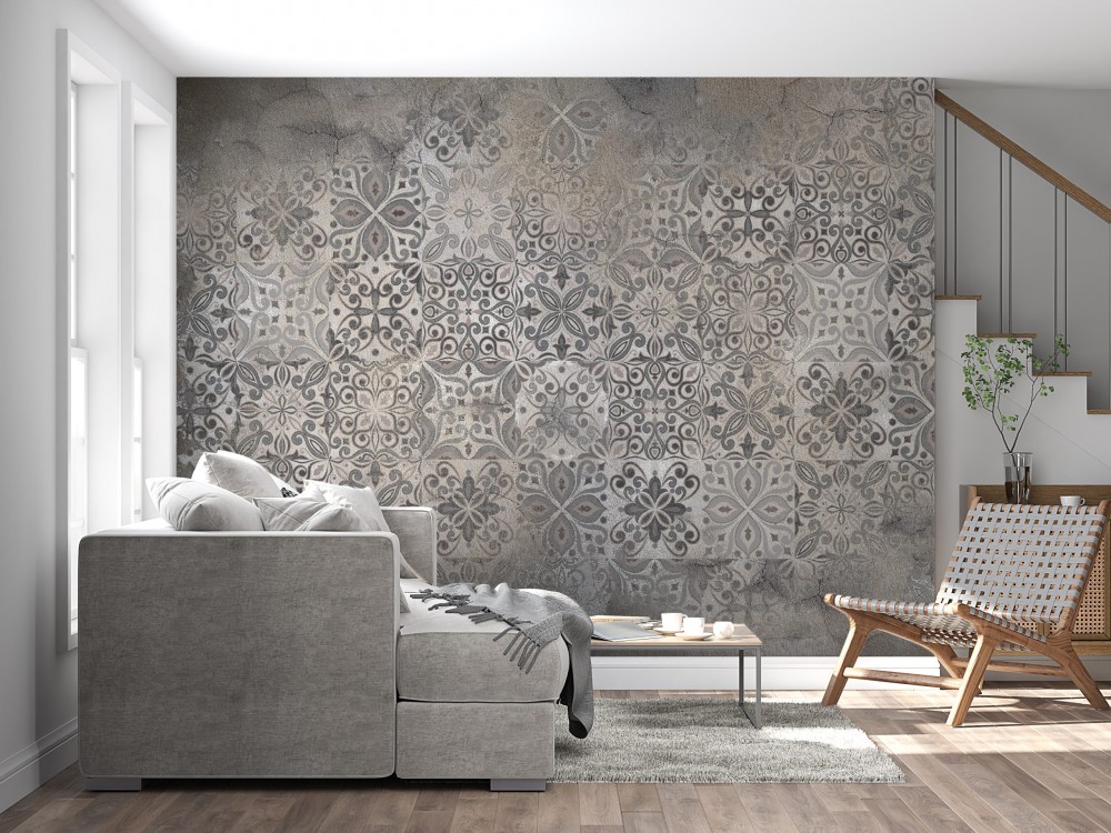 Vizon Beton Eskitme Dokulu ve Klasik Çini Motifli Duvar Kağıdı