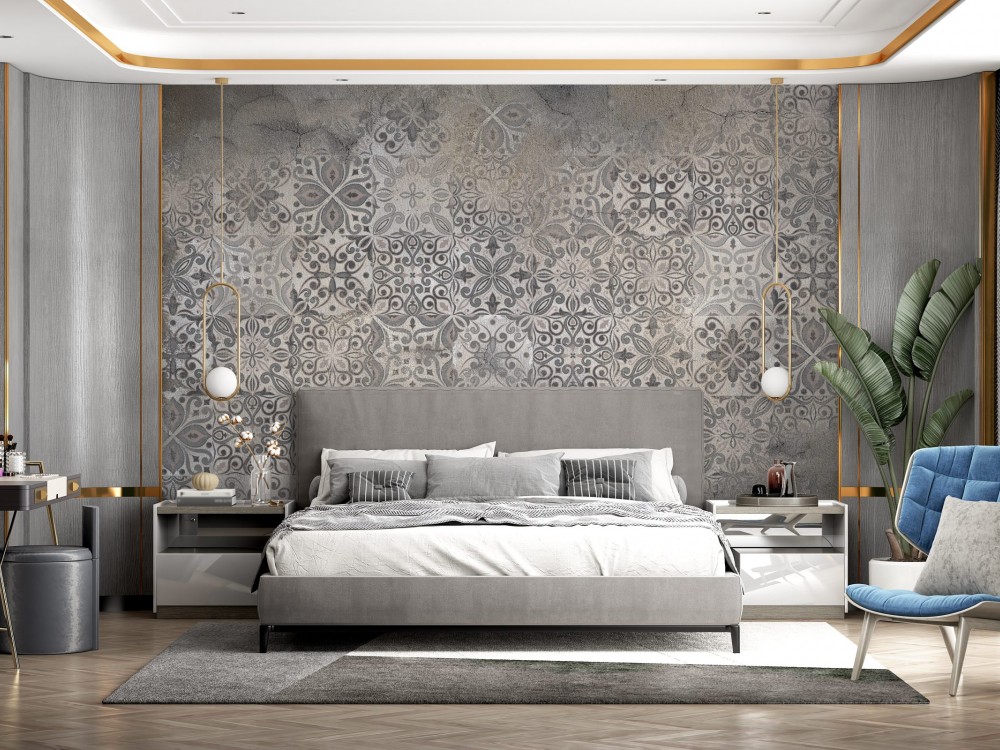 Vizon Beton Eskitme Dokulu ve Klasik Çini Motifli Duvar Kağıdı