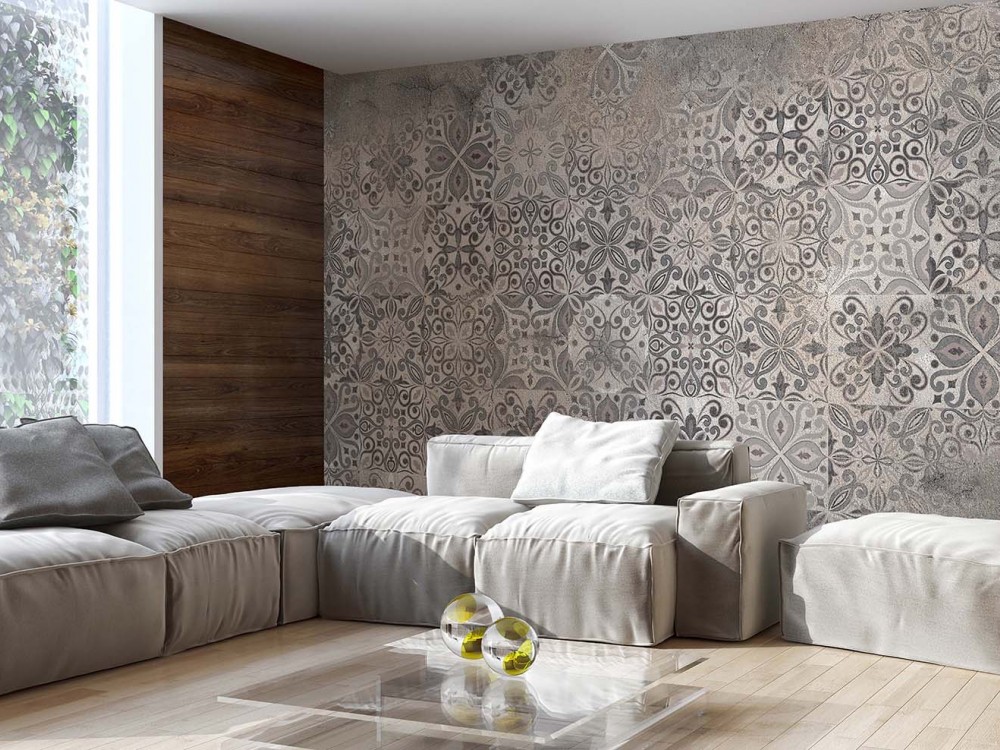 Vizon Beton Eskitme Dokulu ve Klasik Çini Motifli Duvar Kağıdı