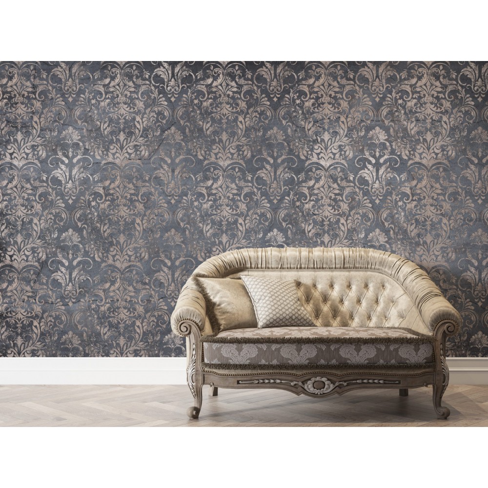 Gece Mavisi Zemin Üzerine Antik Gümüş Damask Motifli Duvar Kağıdı