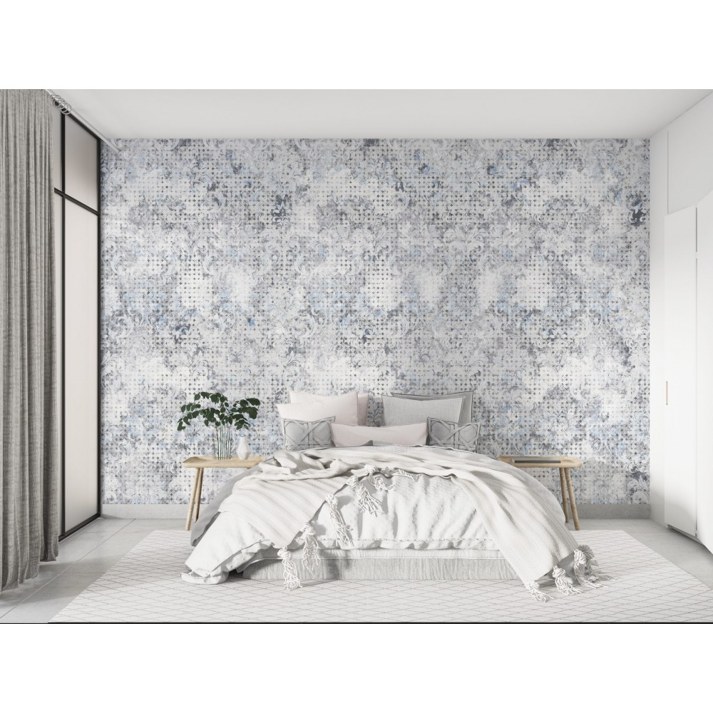 Buz Mavisi Zemin Üzerine İnce Detaylı Damask Duvar Kağıdı