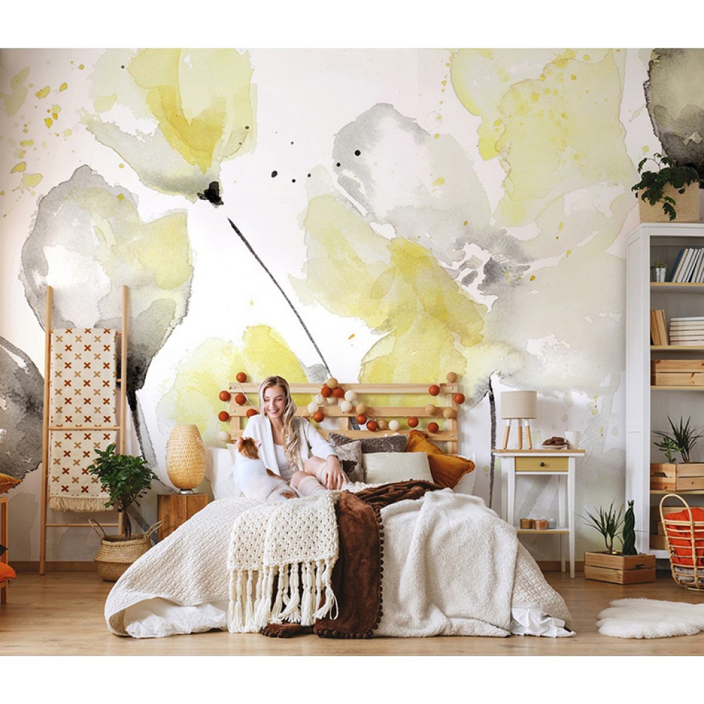 Sulu Boya Efektli Modern Sarı Laleler Tasarım Duvar Kağıdı