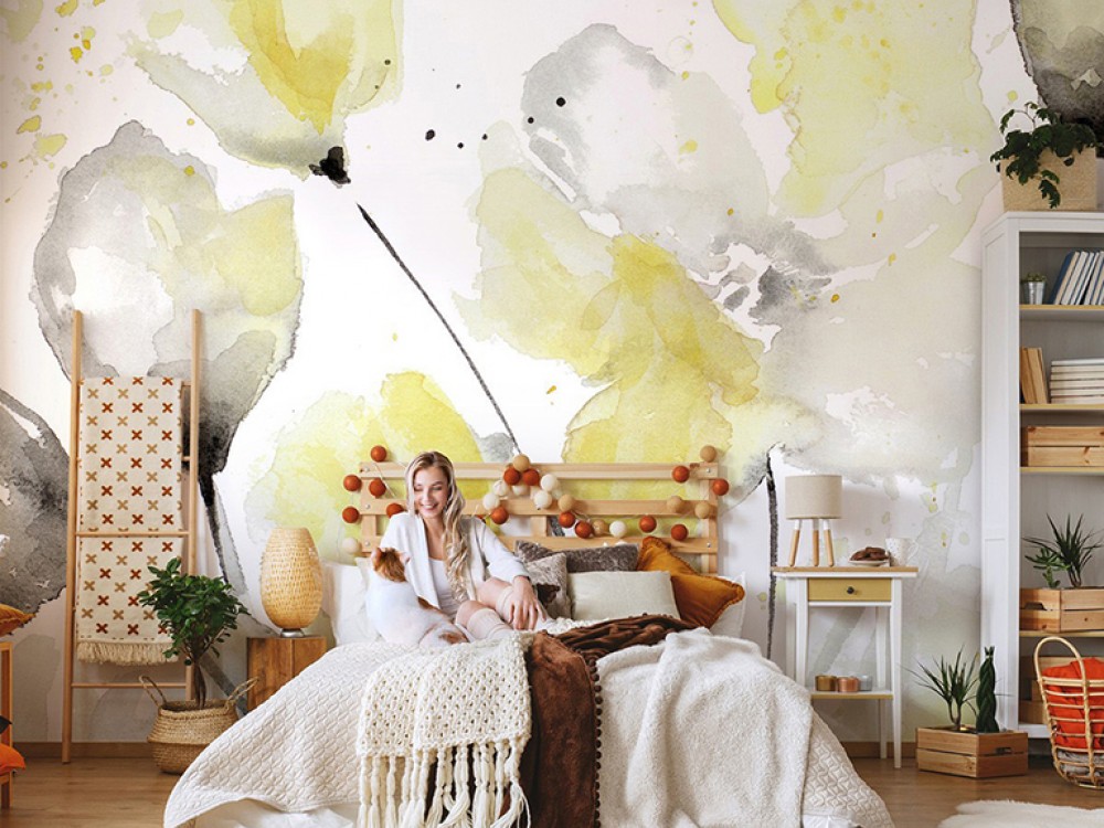 Sulu Boya Efektli Modern Sarı Laleler Tasarım Duvar Kağıdı