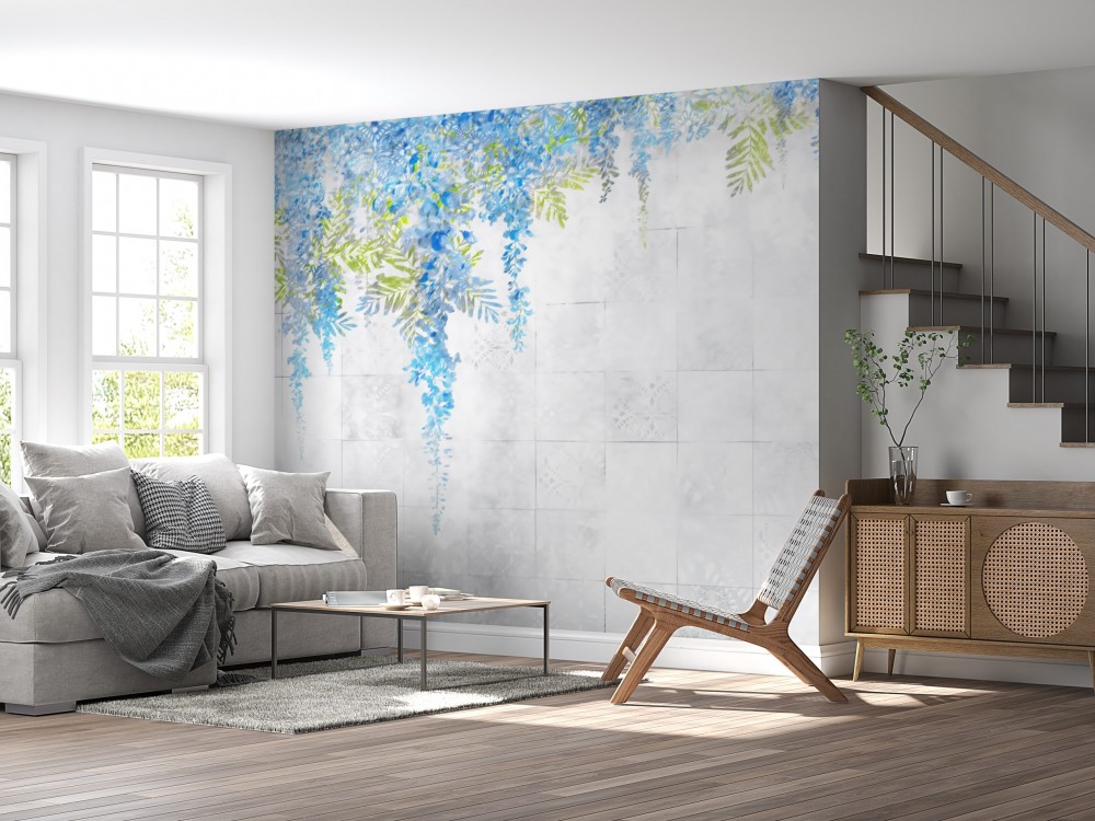 Akdeniz Stil Sanatsal İllüstrasyonlu Ferah Çiçek Desenli Panoramik Duvar Kağıdı