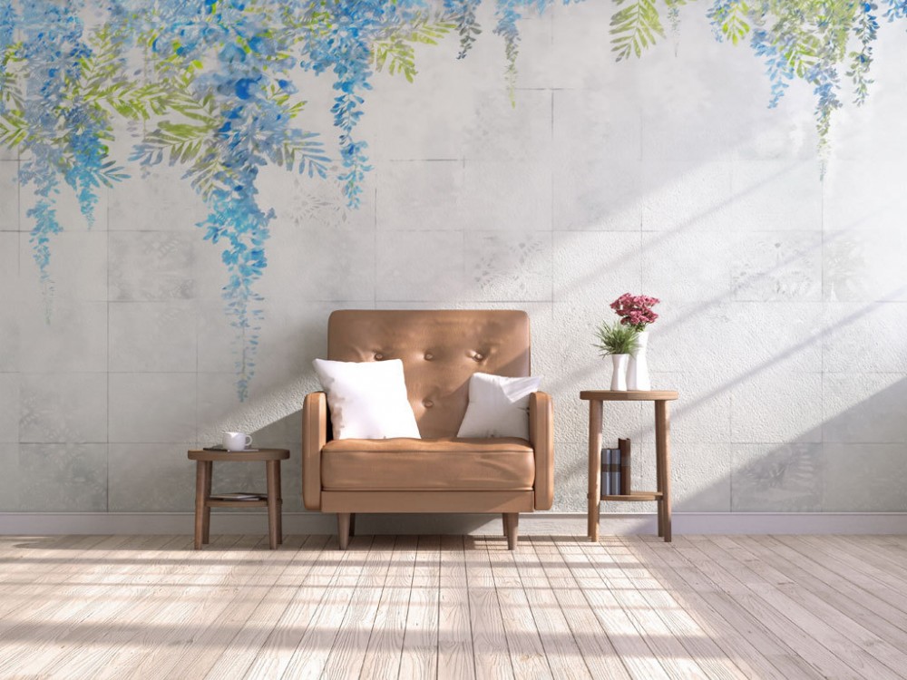 Akdeniz Stil Sanatsal İllüstrasyonlu Ferah Çiçek Desenli Panoramik Duvar Kağıdı