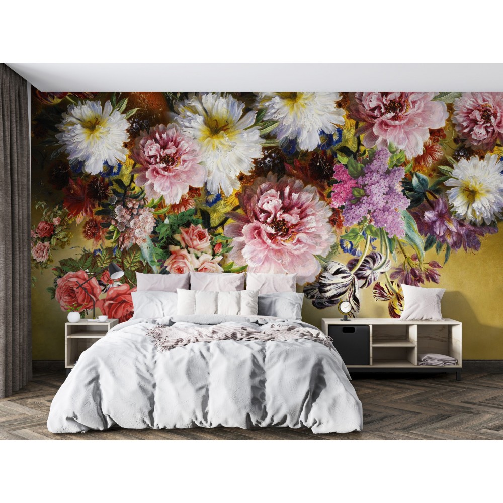 Yağlı Boya Dokulu Dev Çiçek ve Rönesans Stil Bahçe Manzaralı Duvar Kağıdı