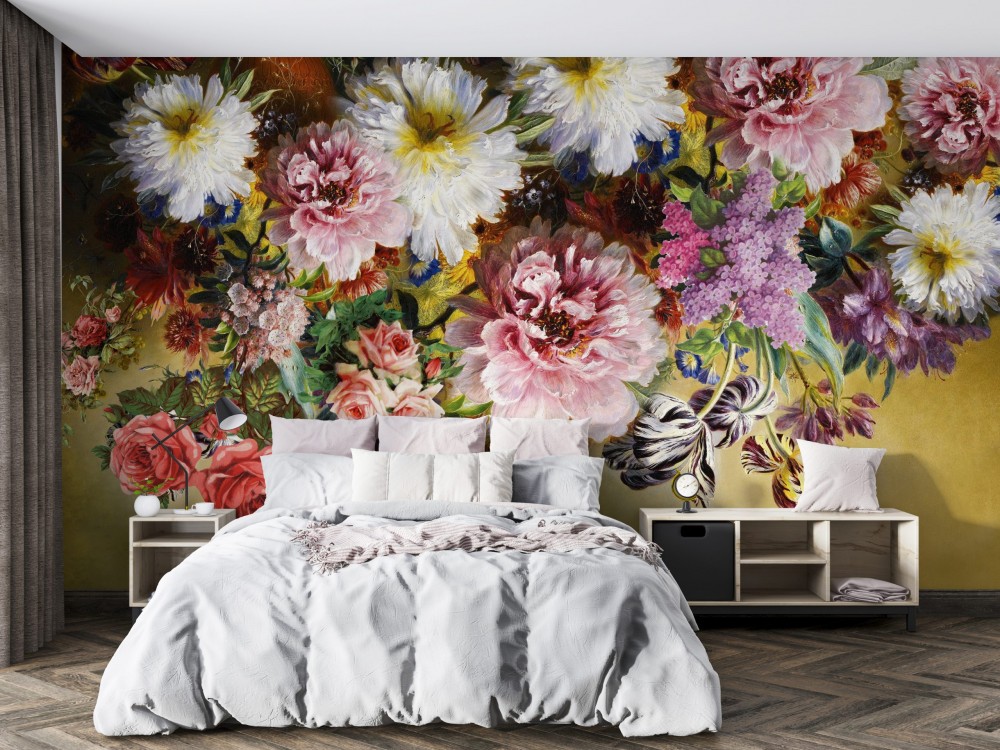 Yağlı Boya Dokulu Dev Çiçek ve Rönesans Stil Bahçe Manzaralı Duvar Kağıdı