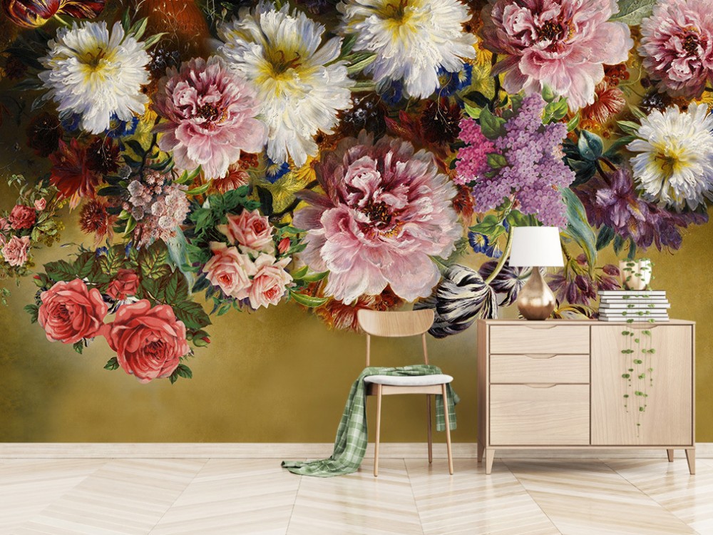 Yağlı Boya Dokulu Dev Çiçek ve Rönesans Stil Bahçe Manzaralı Duvar Kağıdı