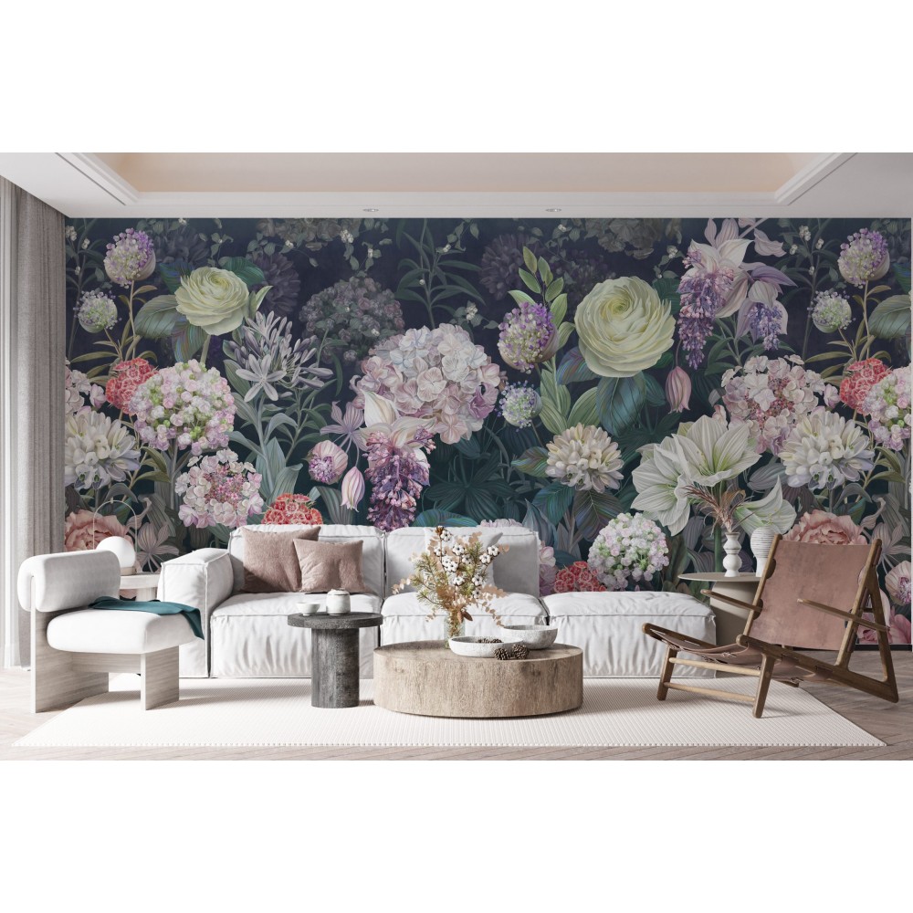 Gece Mavisi Üzerine Pastel Tonlu Sanatsal Botanik Panoramik Duvar Kağıdı