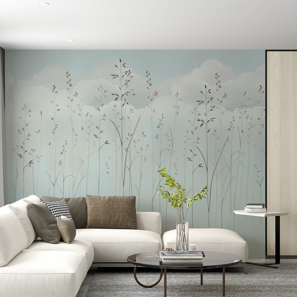 Pastel Turkuaz Zeminli, Bulut ve İnce Dal İllüstrasyonlu Duvar Kağıdı