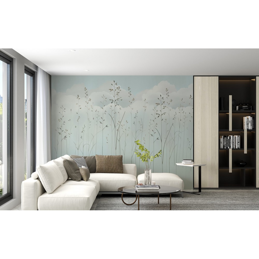 Pastel Turkuaz Zeminli, Bulut ve İnce Dal İllüstrasyonlu Duvar Kağıdı