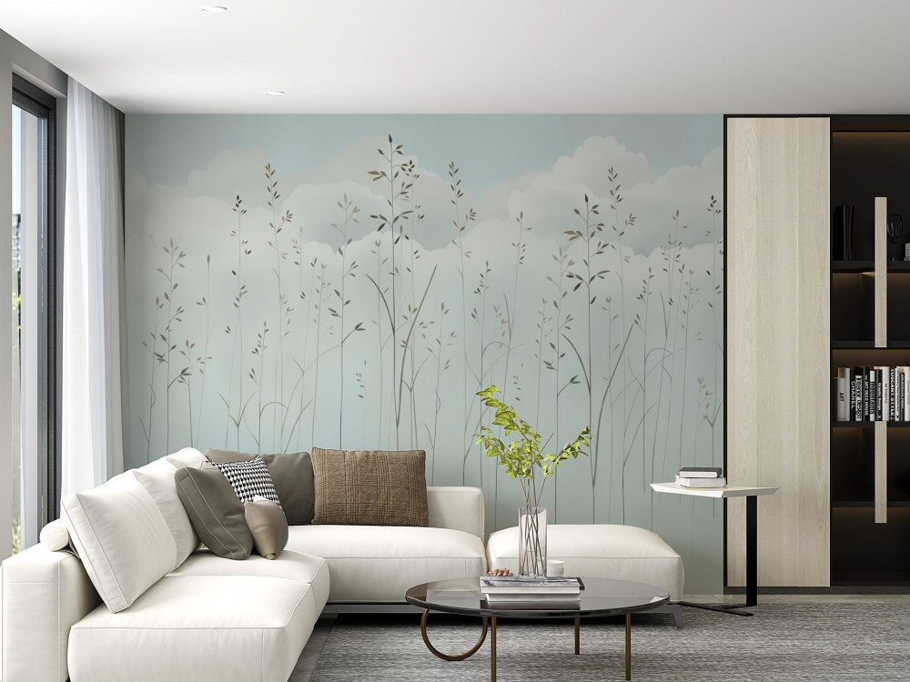 Pastel Turkuaz Zeminli, Bulut ve İnce Dal İllüstrasyonlu Duvar Kağıdı