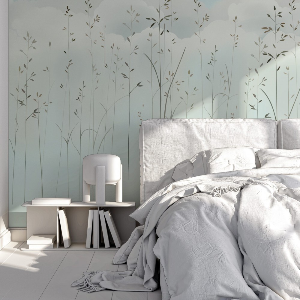 Pastel Turkuaz Zeminli, Bulut ve İnce Dal İllüstrasyonlu Duvar Kağıdı