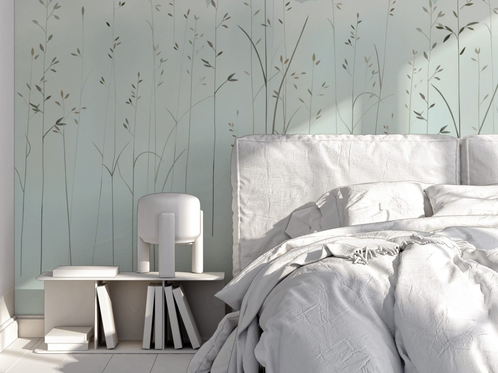 Pastel Turkuaz Zeminli, Bulut ve İnce Dal İllüstrasyonlu Duvar Kağıdı