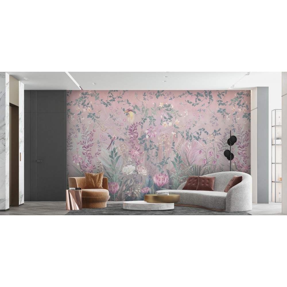 Pastel Tonlu Sarmaşık Güller ve İllüstrasyon Kuş Temalı Duvar Kağıdı