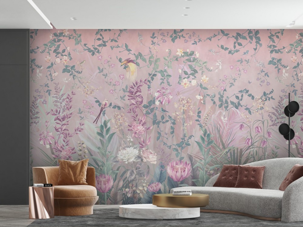Pastel Tonlu Sarmaşık Güller ve İllüstrasyon Kuş Temalı Duvar Kağıdı