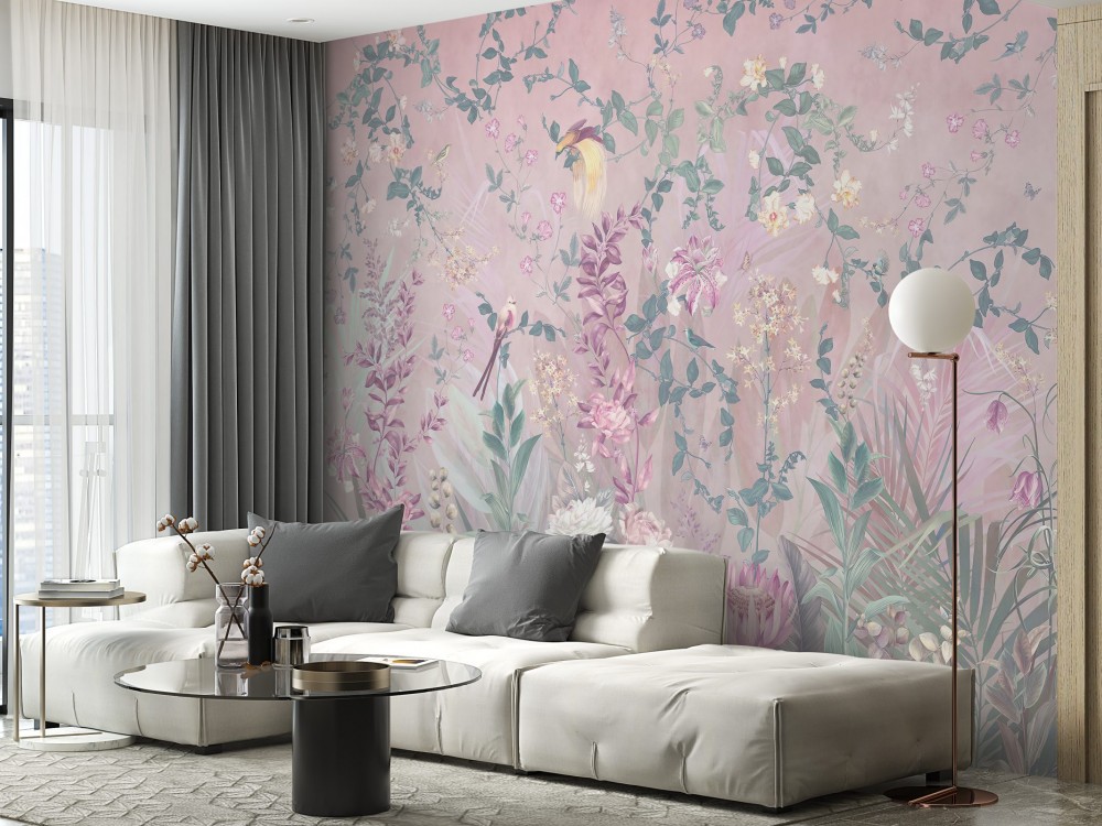 Pastel Tonlu Sarmaşık Güller ve İllüstrasyon Kuş Temalı Duvar Kağıdı