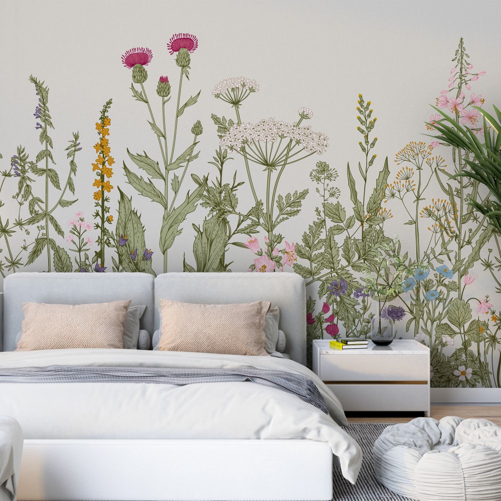 El Çizimi Görünümlü Zarif Bitki ve Kır Çiçeği Desenli Duvar Kağıdı