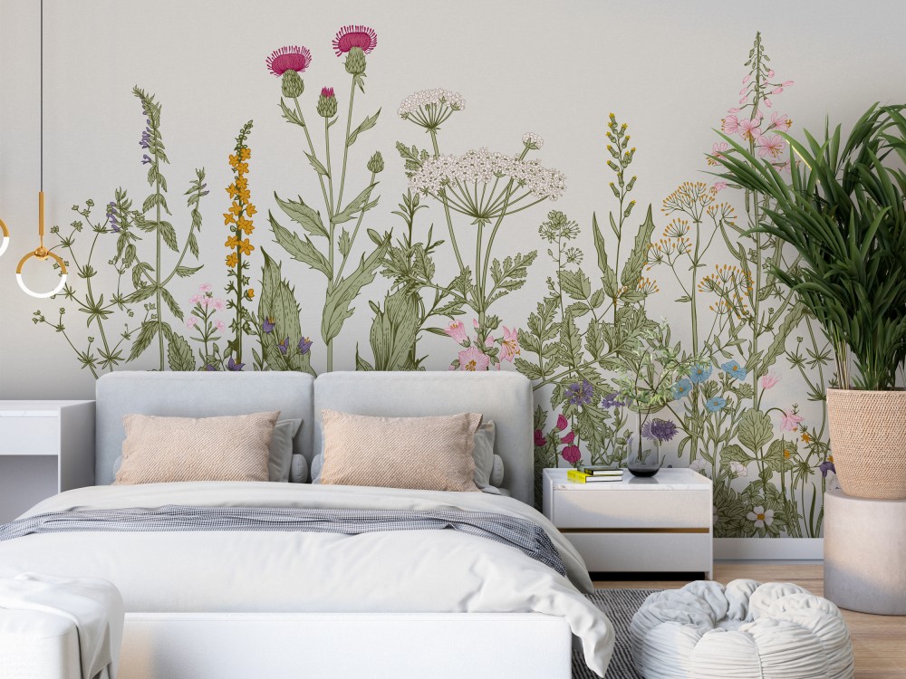 El Çizimi Görünümlü Zarif Bitki ve Kır Çiçeği Desenli Duvar Kağıdı