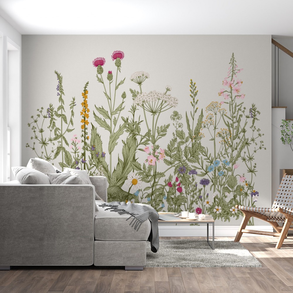 El Çizimi Görünümlü Zarif Bitki ve Kır Çiçeği Desenli Duvar Kağıdı