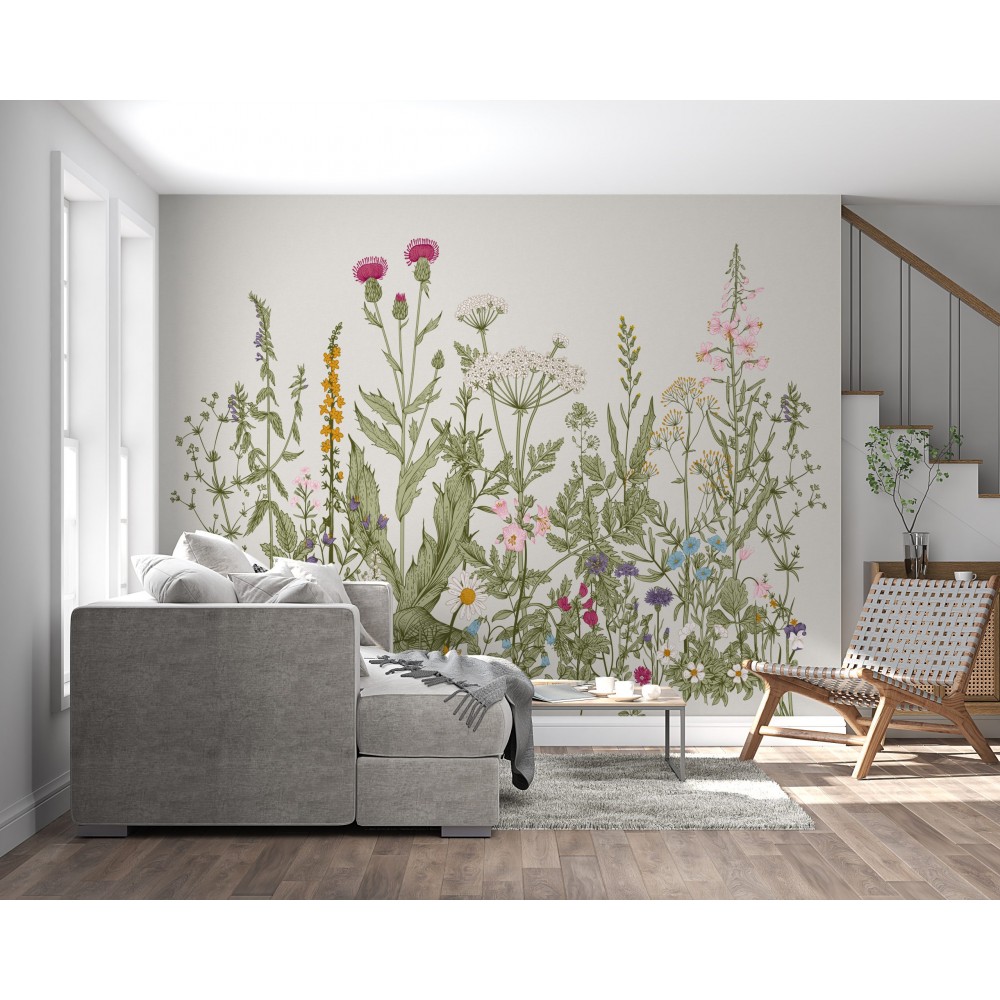 El Çizimi Görünümlü Zarif Bitki ve Kır Çiçeği Desenli Duvar Kağıdı