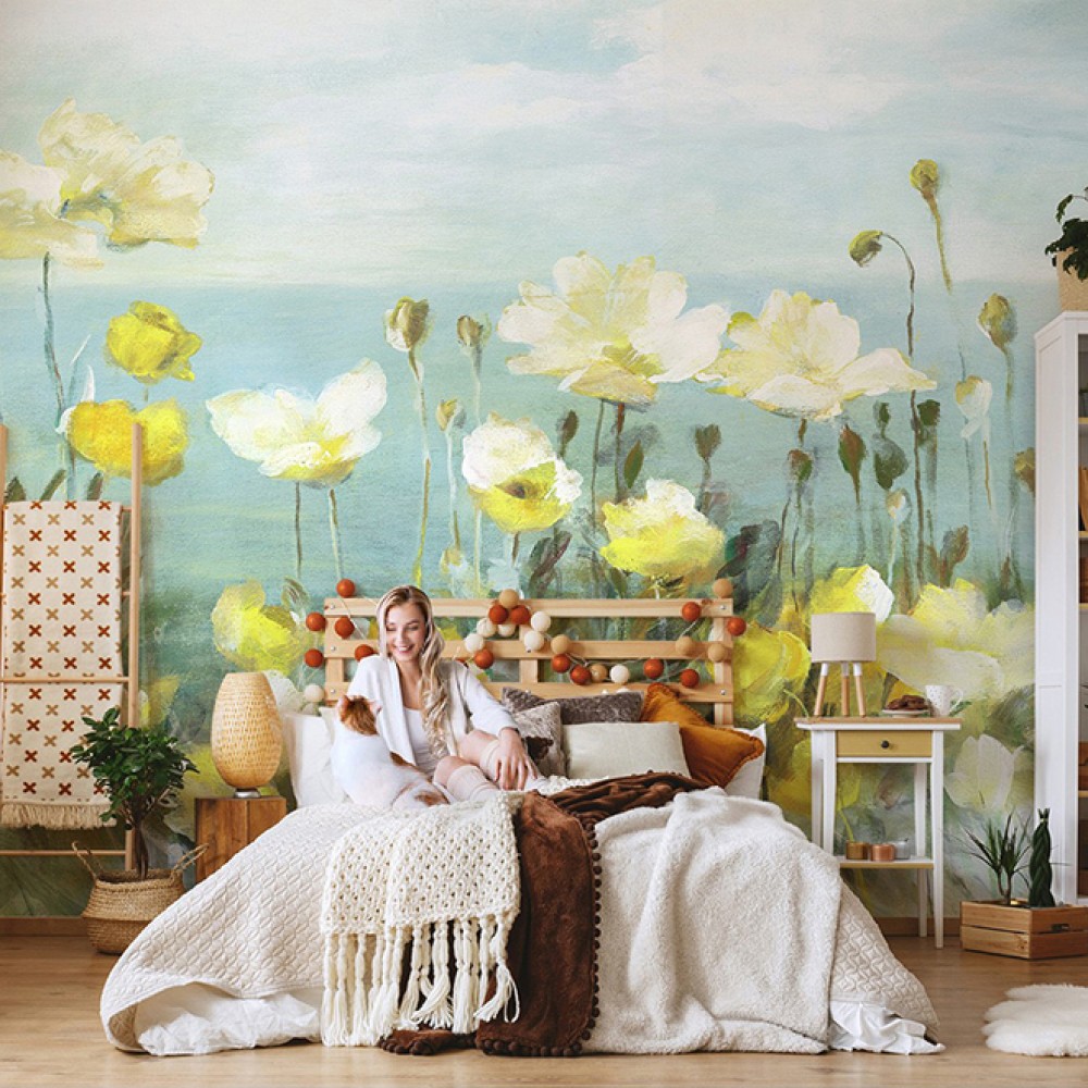 Yağlı Boya Dokulu Sarı Yaban Çiçekleri Tasarım Duvar Kağıdı 